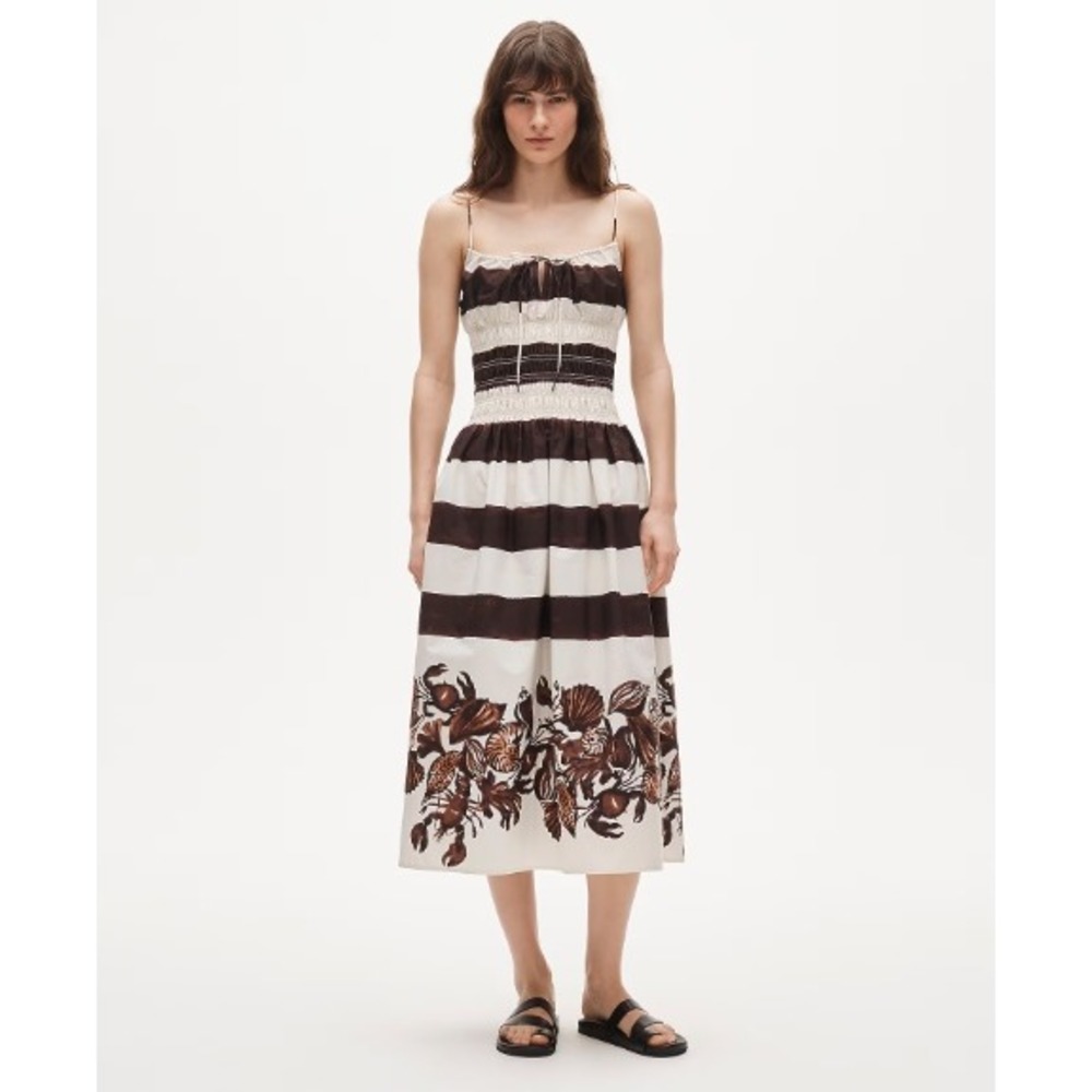 NEW J.Crew Smocked Cotton Midi Dress XS Brown White coastal Striped lobster